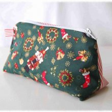 Trousse en coton de Noël à fond vert et rayures rouges